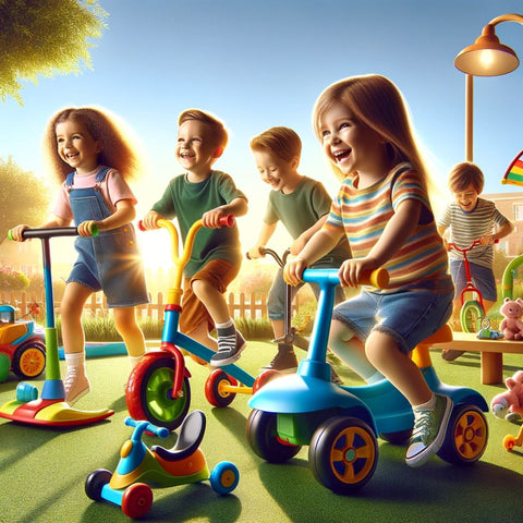 What Are The Benefits Of Using Ride-on Toys For Kids? - A joyful scene depicting a group of young children of various ages playing with different types of ride-on toys in a sunny outdoor setting.