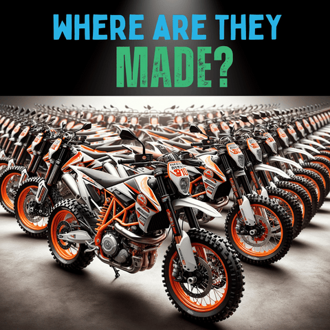 A dynamic, photo-realistic image of a series of motorcycles colored mainly in orange and black, complemented by white and various other tones