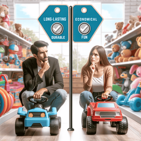 a couple in a toy store thoughtfully comparing two different ride-on toys