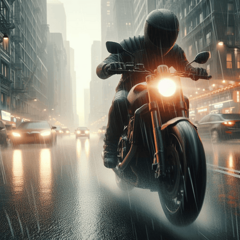 a photo realistic stock image of a motorbike rider riding in the rain