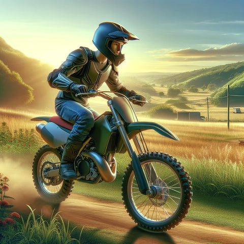 a young adult beginner learning to ride a dirt bike in an open field