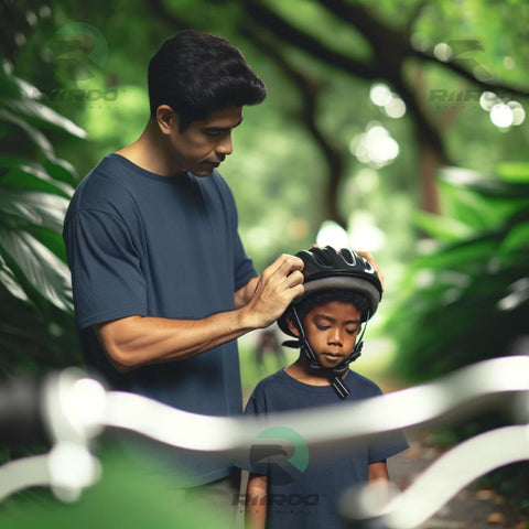 an adult and a child wearing bicycle helmets in a park. The adult, a Hispanic male, is adjusting the helmet of the child