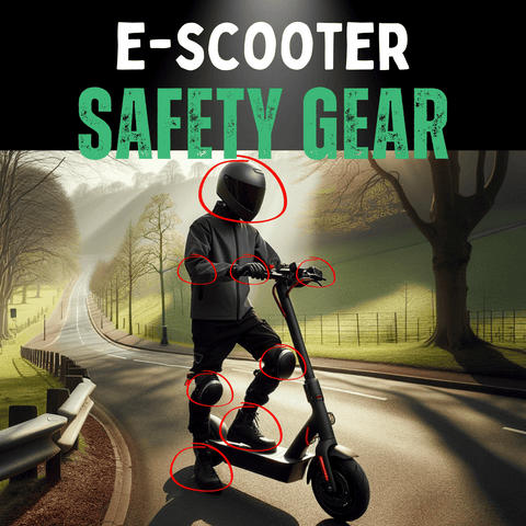 Ein Bild, das jemanden auf einem E-Scooter zeigt, der seine Sicherheitsausrüstung vorführt