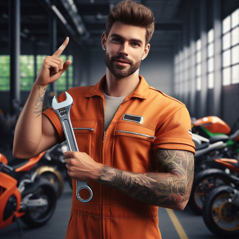 photo realistic image of a motorbike mechanic who has an idea