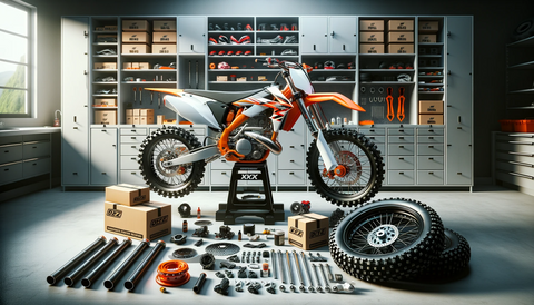 workshop scene featuring an orange and white dirt bike without wheels, stationed on a black stand.