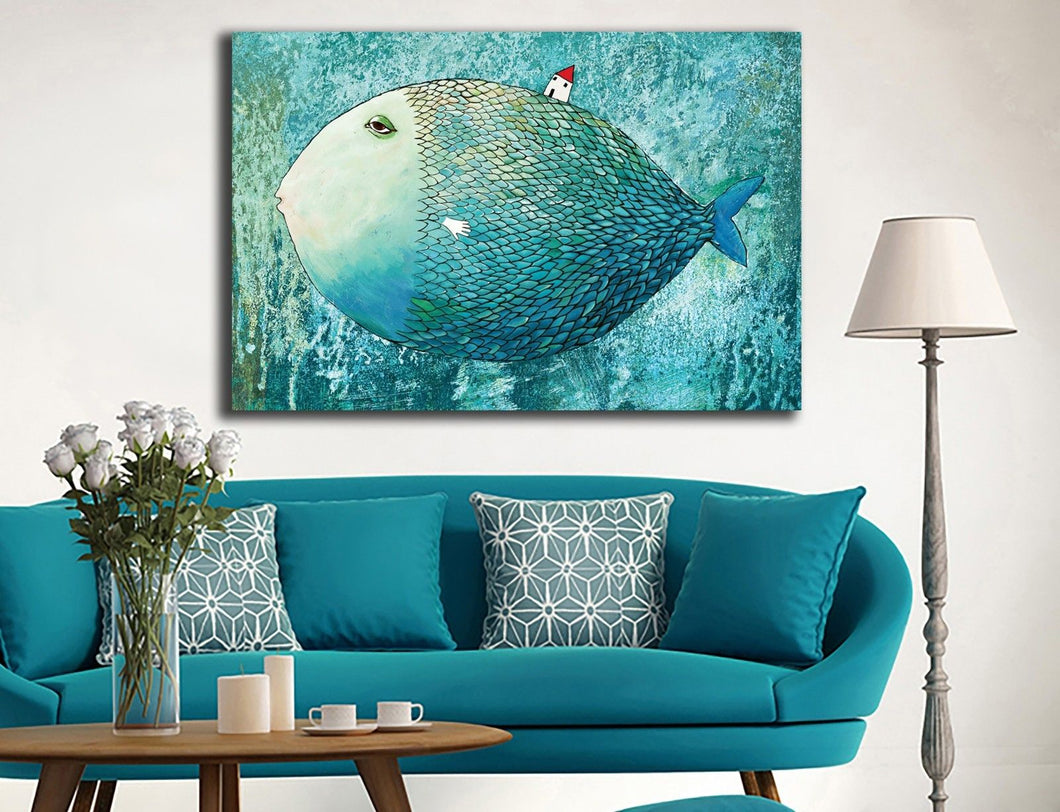 Framed Canvas Prints Stretched Big Whale Small House Wall Art Kids Hom Dg Canvas