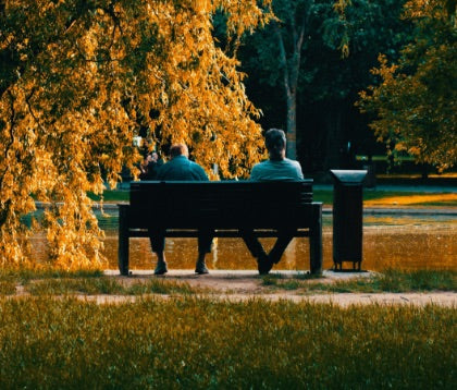 talking on park bench