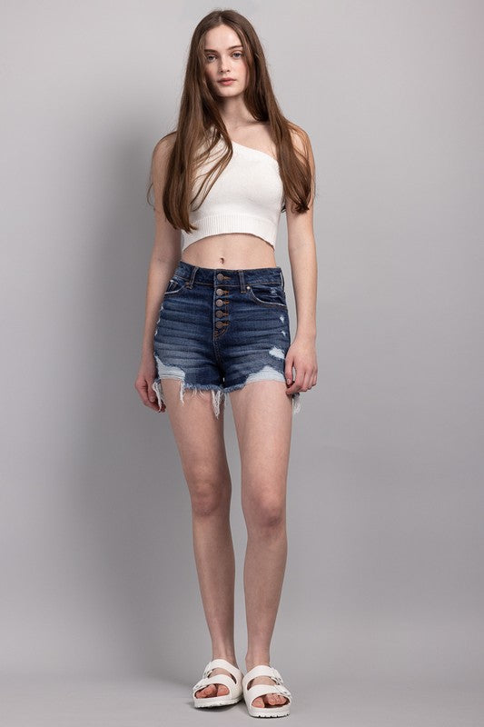 Hi-Rise Exposed Button Distressed Denim Short