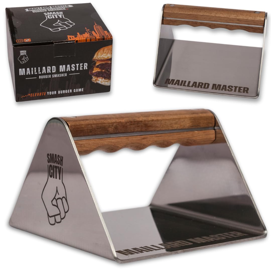 Smash City Smashed Burger Press – Non Stick Stainless Steel Burger Smasher Tool – Grill Press Smashburger Tool– Smashed Burger Press for Smashburger with Rounded Wooden Handle