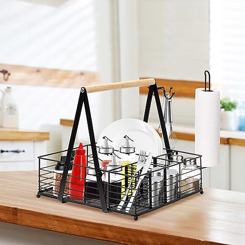 Grill Caddy, Picnic BBQ Organizer for Camping Outdoor Mesh Basket with 3  Hanging Hooks and Paper Towel Holder, Ideal Table Storage Tools for RV  Camper/Tailgating/Flatware