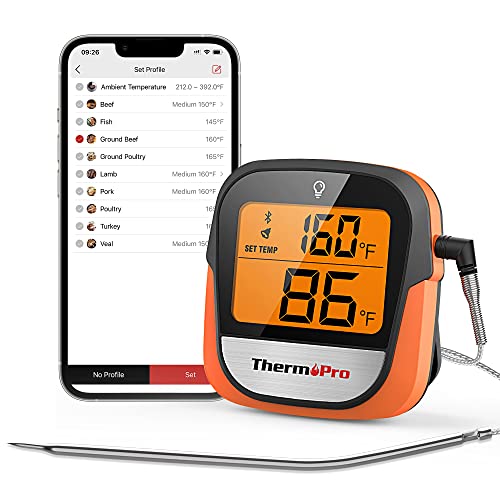 ThermoPro TP25W Bluetooth Meat Thermometer with 500FT Wireless Range  4-Probe Android/iOS Compatible Smart Grill Smoker Thermometer in Black