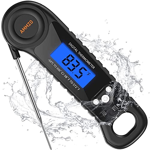 Polder Waterproof Digital Instant Read Meat Thermometer with Folding Probe and Ambidextrous Backlit Display (Red)