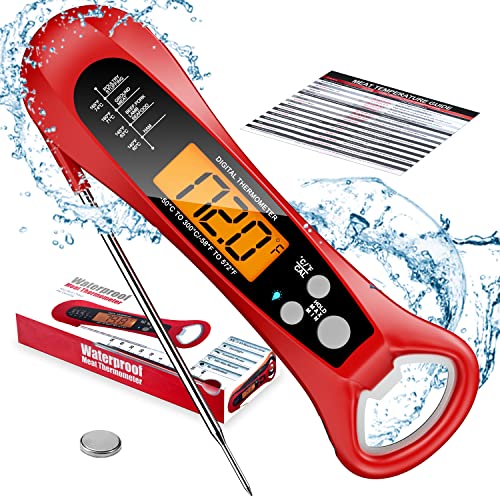 Polder Waterproof Digital Instant Read Meat Thermometer with Folding Probe and Ambidextrous Backlit Display (Red)