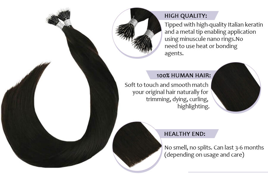 Off Black #1B Nano Rings Hair Extensions Human Hair