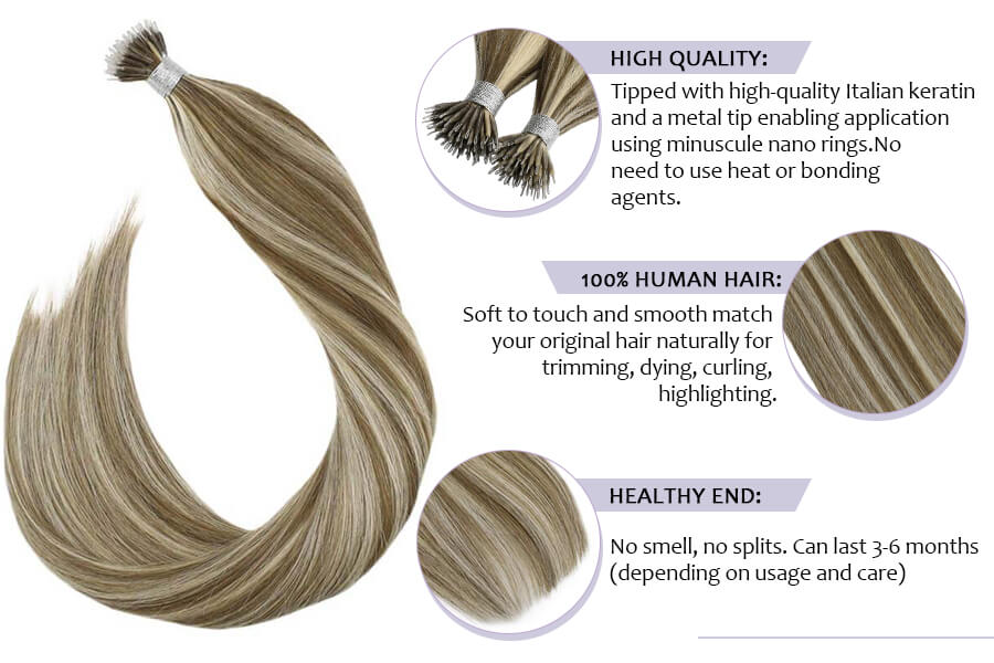 Nano Tip Hair Extensions Human Hair #10 Blonde with #613 Bleach Blonde Nano Beads