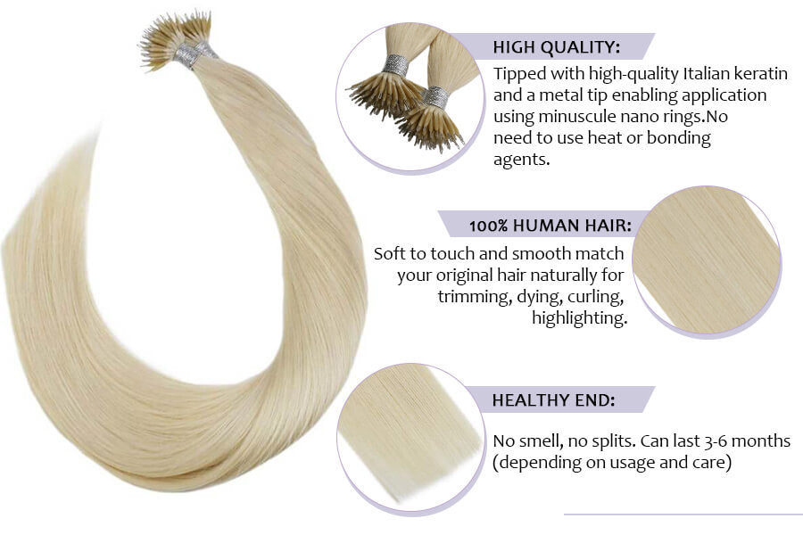 Nano Loop Human Hair Extensions Remy Hair Color #60 Platinum Blonde