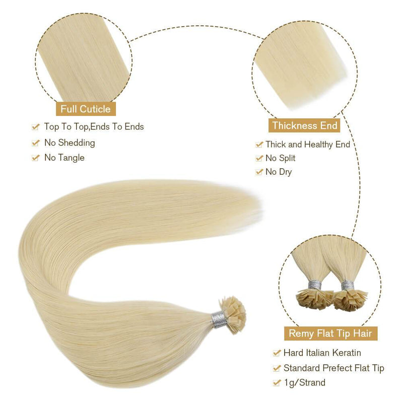 Flat tip Fusion Hair Extensions Pure Color Bleached Blonde Remy Hair ...