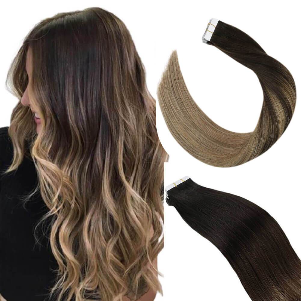 Remy Tape in Hair Extensions Dark Brown with Golden Color #2/6/18 ...