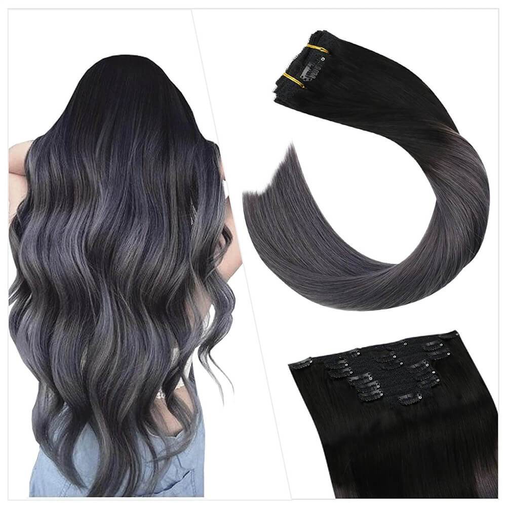 Black to Grey Clip in Hair Extensions 100% Remy Hair #1B/silver – UgeatHair