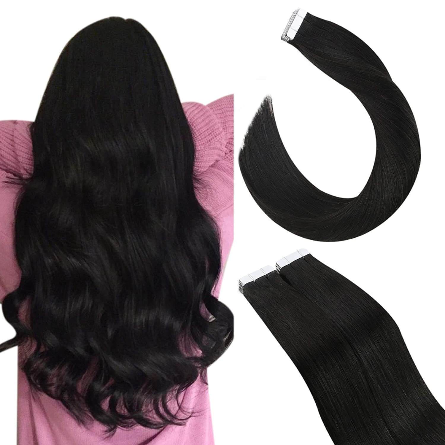 Tape in Hair Extensions Remy Human Hair Off Black Color for Woman #1b –  UgeatHair