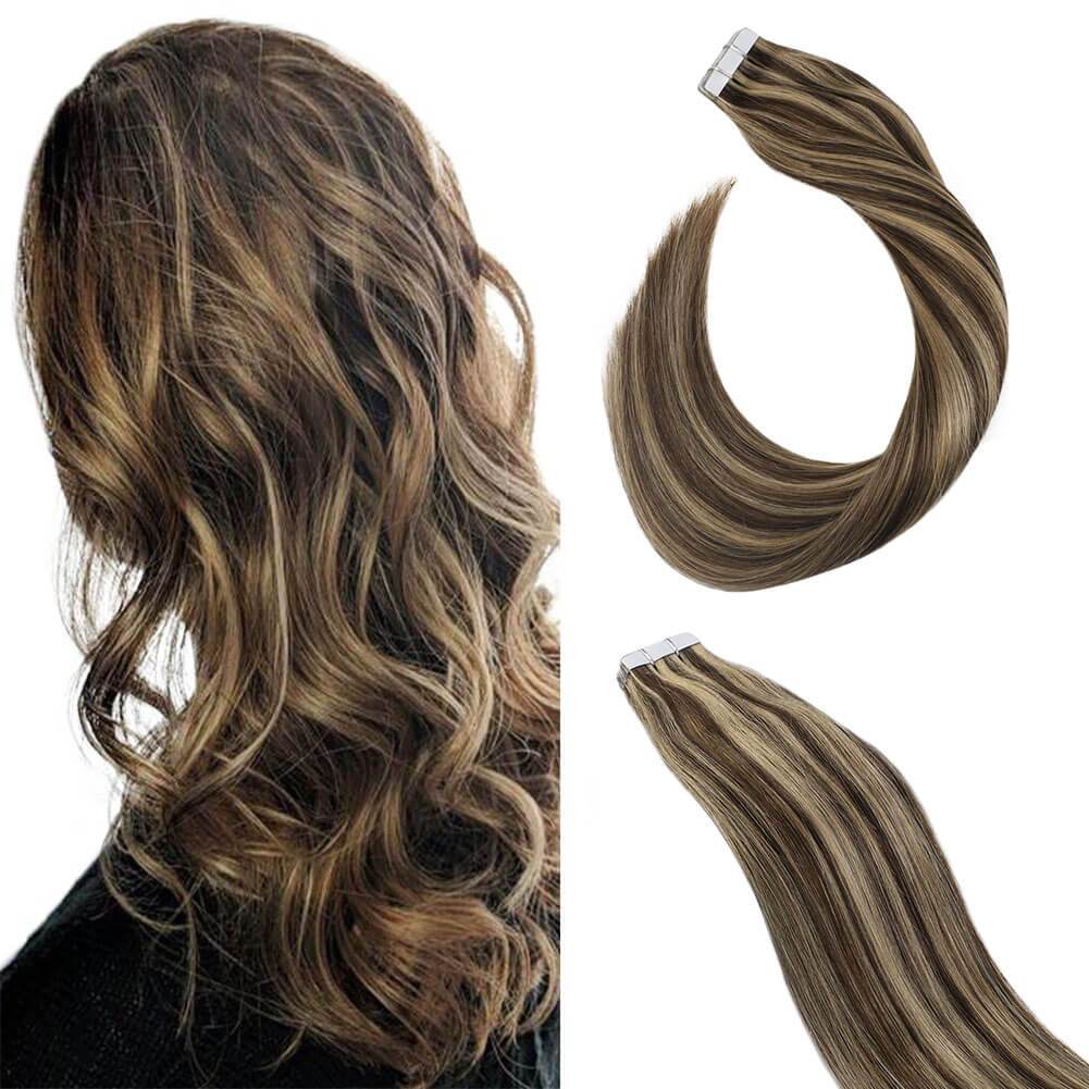 Remy Hair Tape in Extensions #4 Dark Brown Highlighted #27 Blonde 4/27 ...