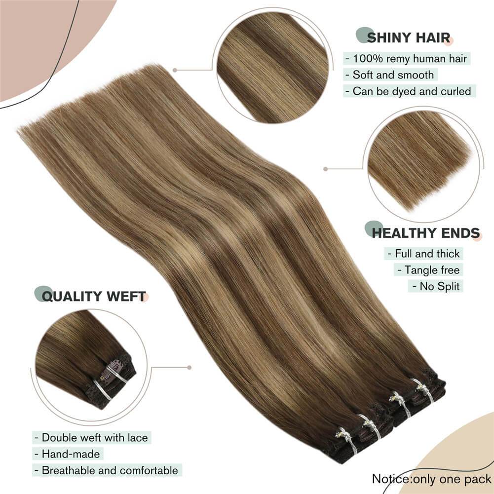 Clip in Remy Hair Extensions Human Hair #4/27/4 Brown with Blonde ...