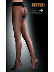 An image of an Oroblu hosiery packet featuring a side view of legs striding wearing semi opaque black tights.