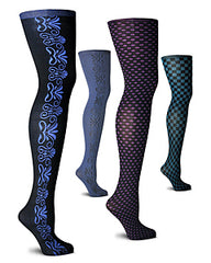 Four mannequin legs with an assortment of coloured reversible tights by Franzoni.