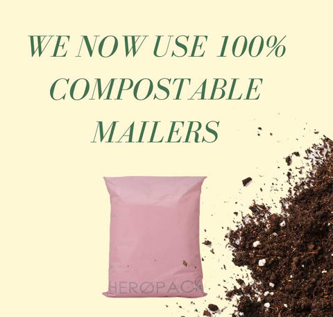 Sustainable packaging pink post bag with soil in lower right corner.
