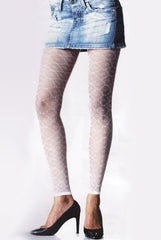 Front view of lady's legs in white lace footless tights, black heels and denim skirt.