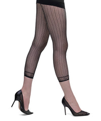 Side view of lady's legs striding showing Franzoni Fishnet capri length black Stenofila footless tights.