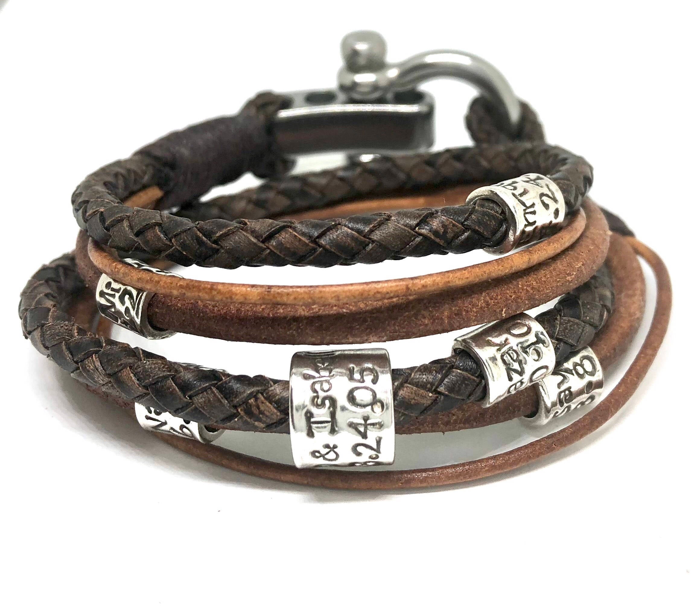 Personalised Dads Bracelet with Leather Woven Strap