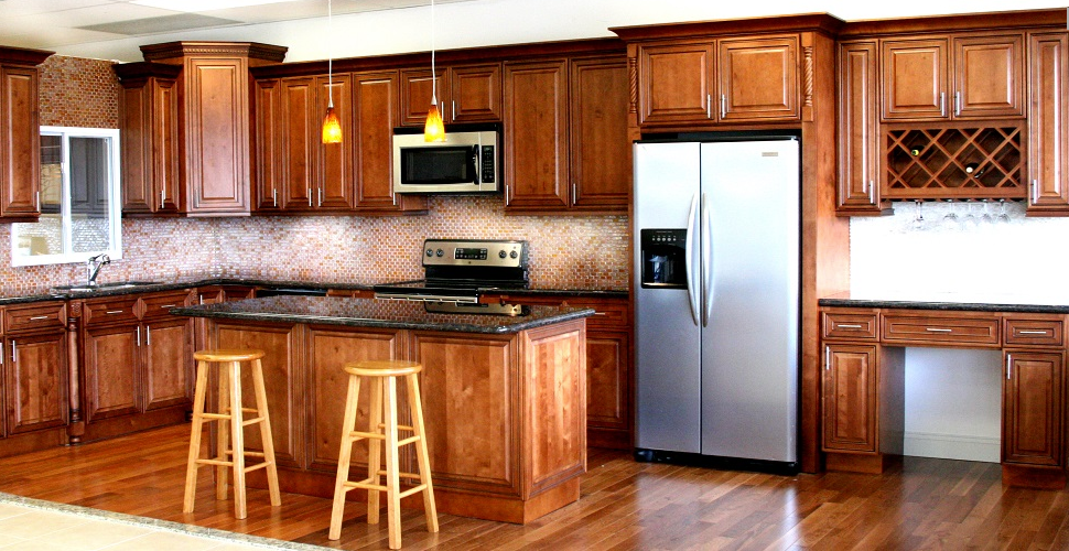 kitchen white wainscoting red wall and mocha cabinet