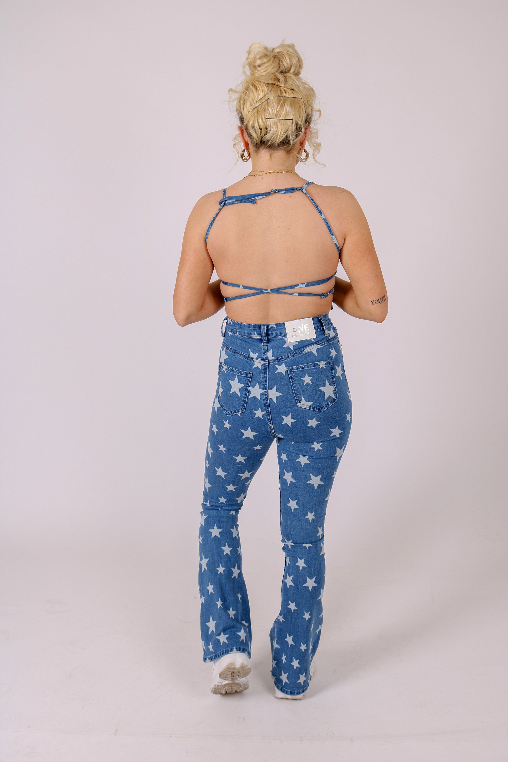 star print flare jeans