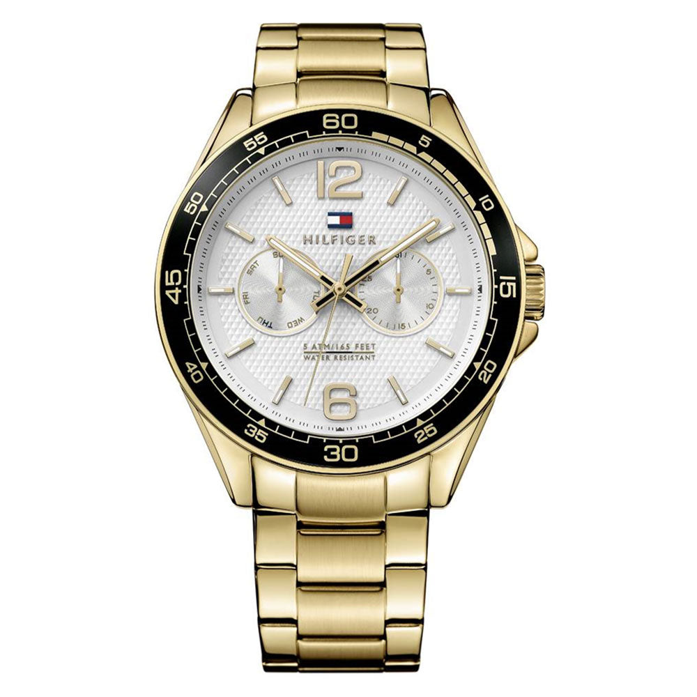 gold and blue tommy hilfiger watch