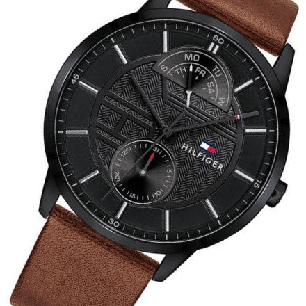 tommy hilfiger watch men's brown leather strap