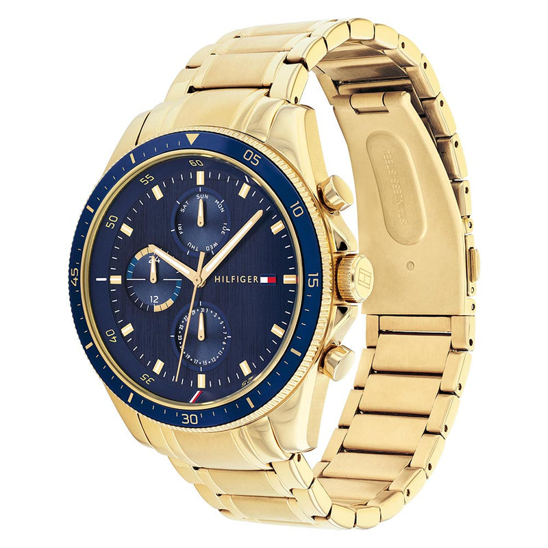 gold and blue tommy hilfiger watch