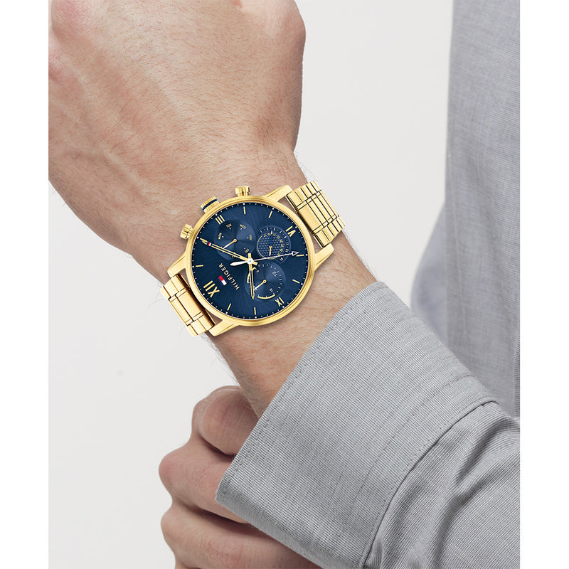 gold and blue tommy hilfiger watch