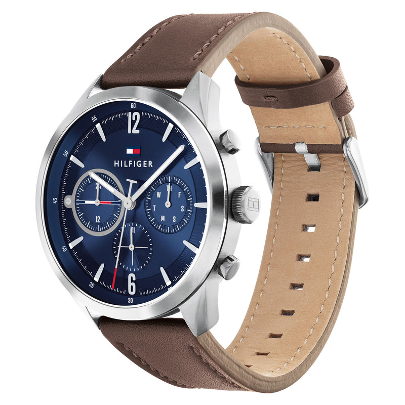 tommy hilfiger men's blue dial brown leather strap watch