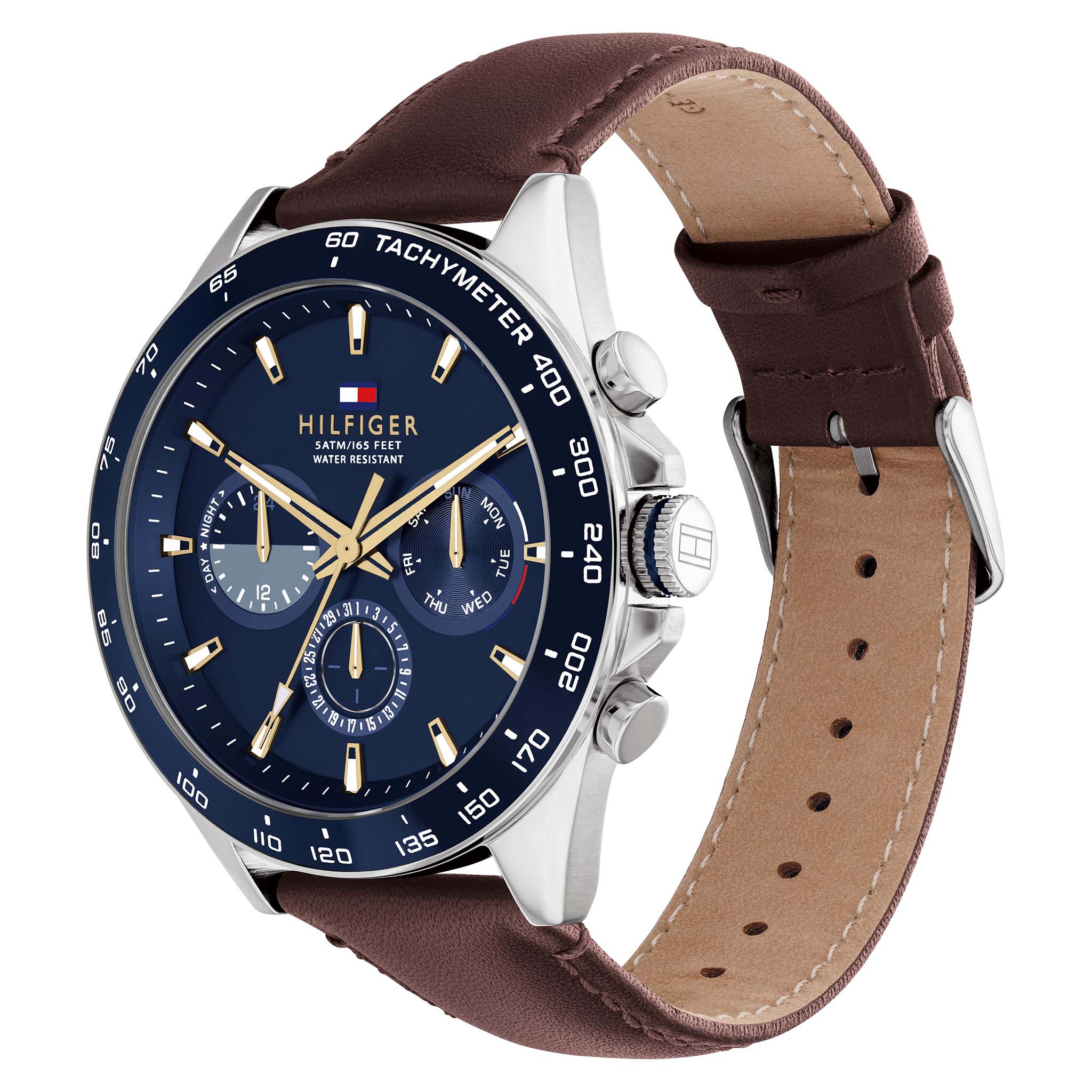 tommy hilfiger men's blue dial brown leather strap watch