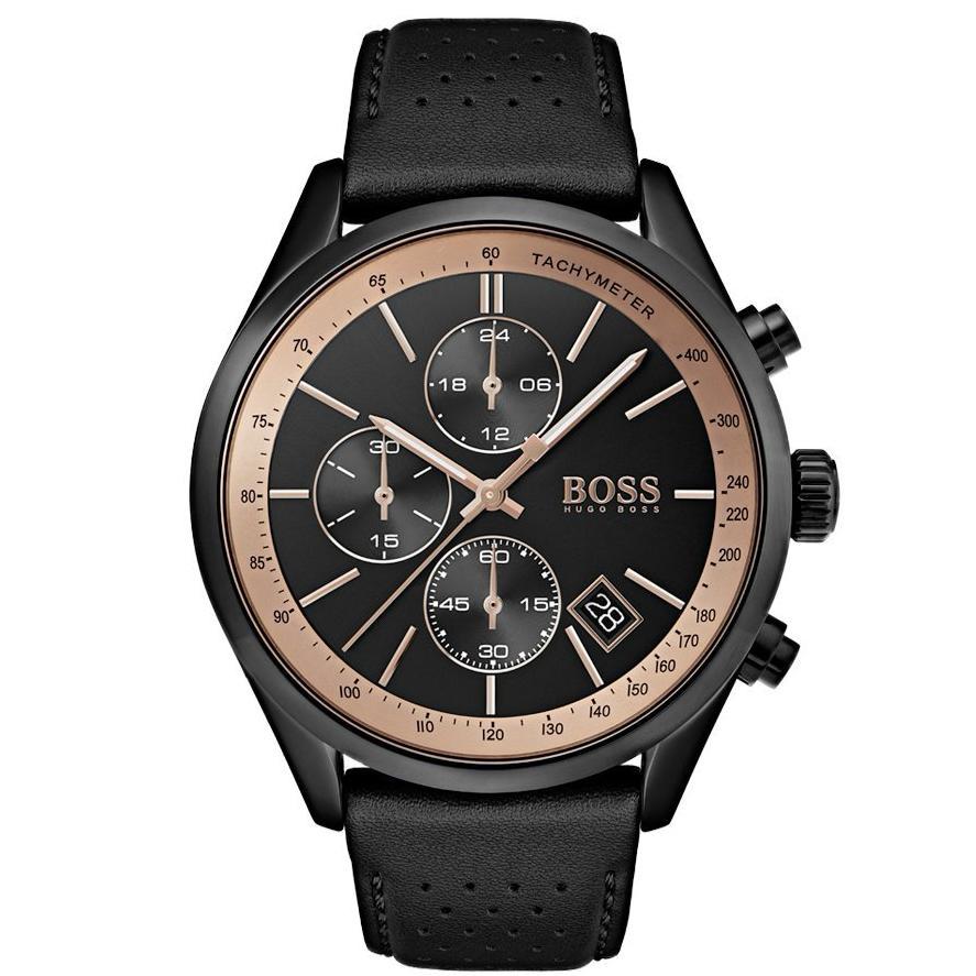 boss watch black leather