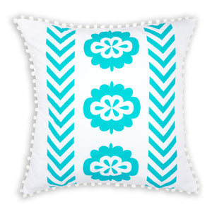 Bright aqua blue printed organic European cushion cover with white pompom trim