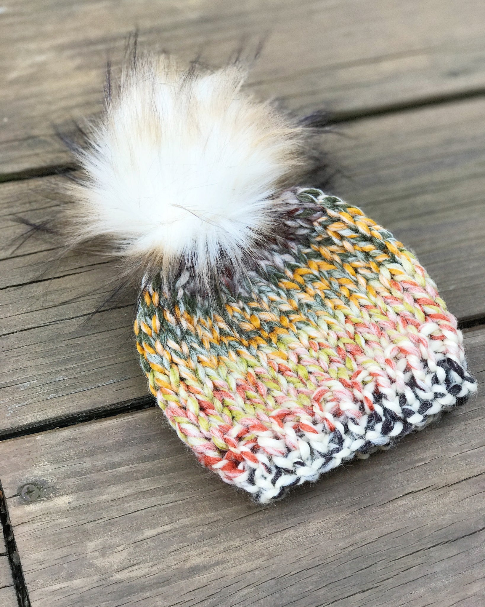 Knit Baby Hat Beanie Handmade Faux Fur Pom Pom // Coney Island Olive