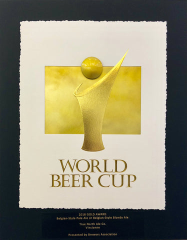 World Beer Cup 2018 Gold Award plaque for "Vincianne", a Belgian Blonde Ale