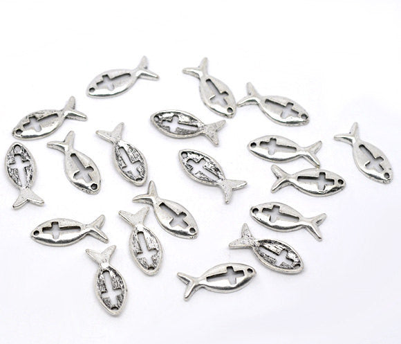 Silver Pewter ICHTHYS FISH . Charm Pendants, Jesus Fish with Cross, 6