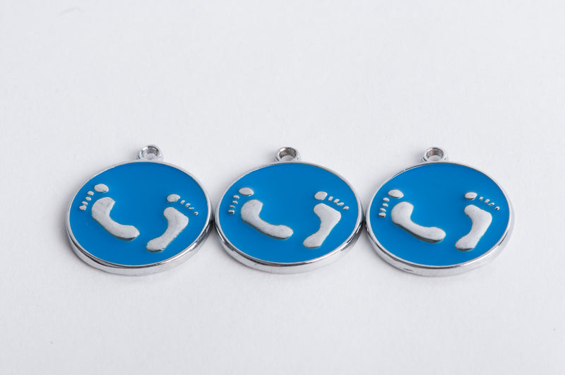 4 BLUE BABY Footprint Charms, Silver with Blue Enamel, che0119