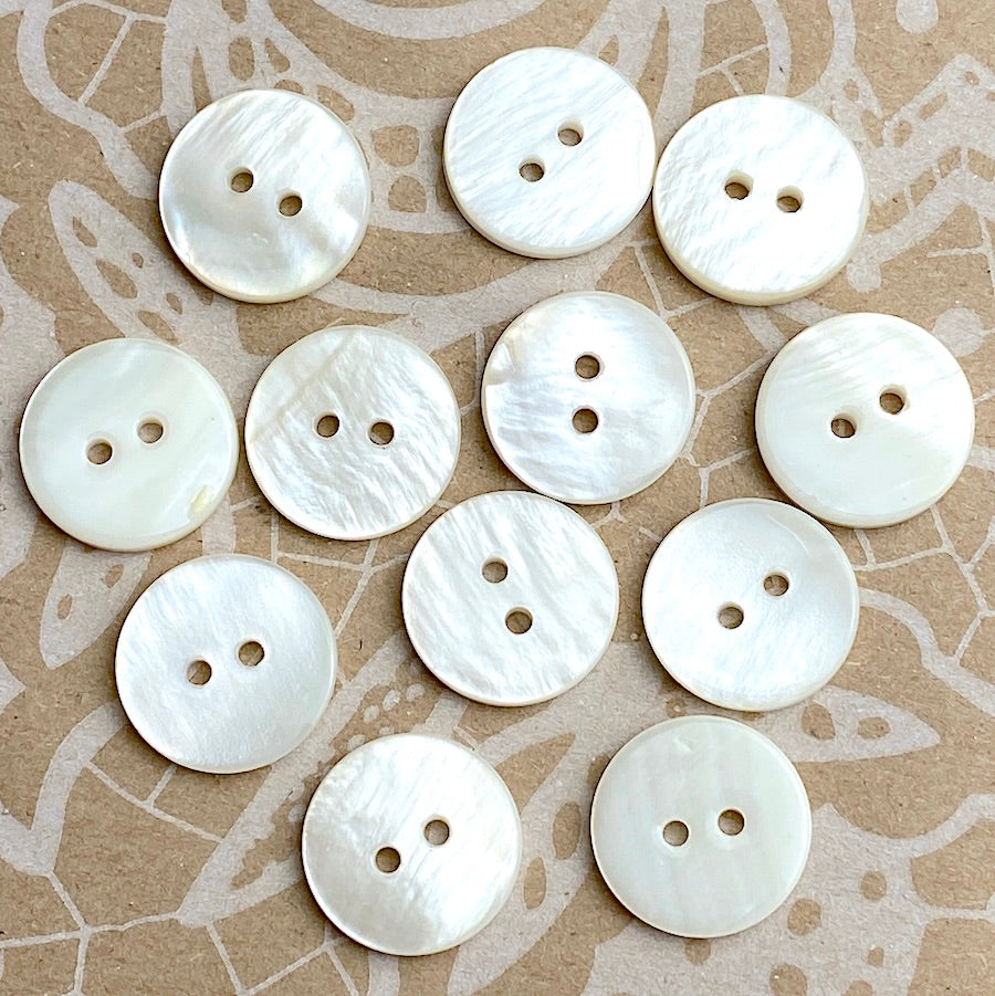Off-White/Ivory/Ecru River Shell 5/8" 2-hole Button, Pack of 12, 15mm for $12.00 #SK-1771