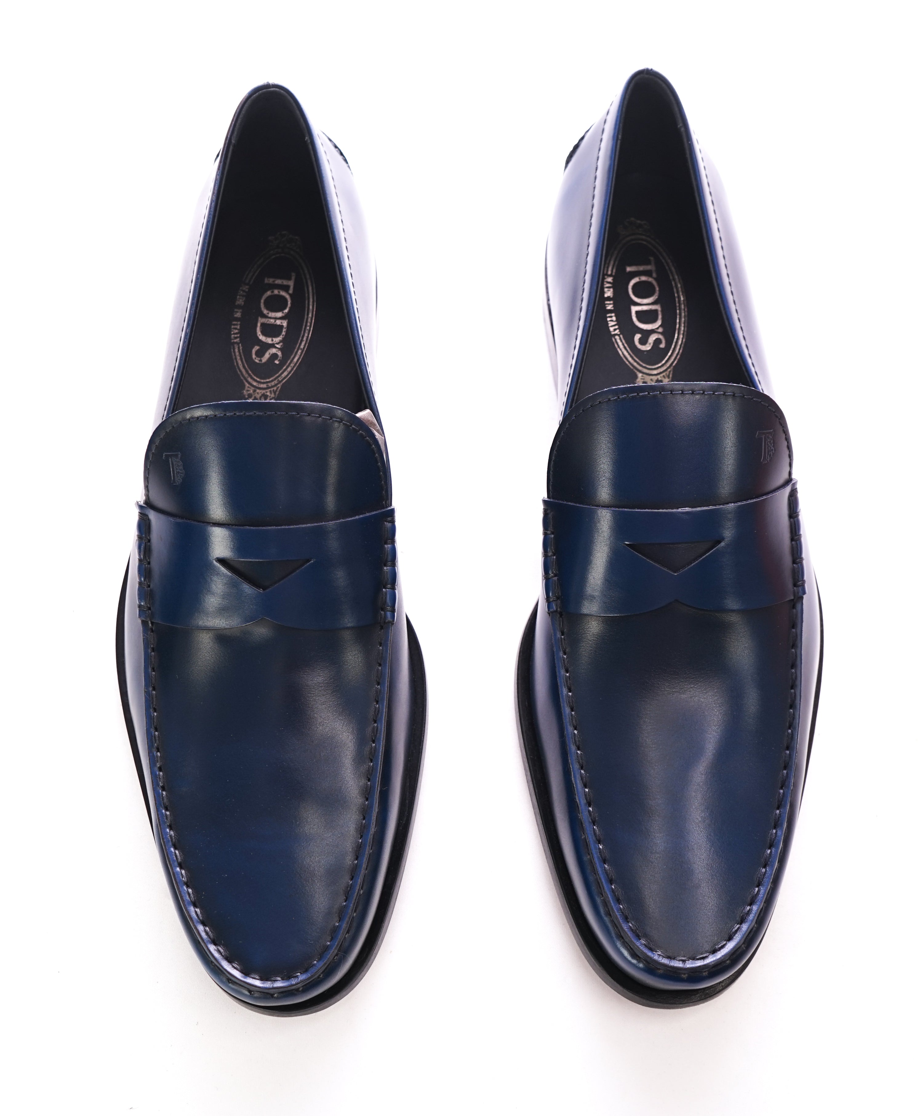 blue leather penny loafers