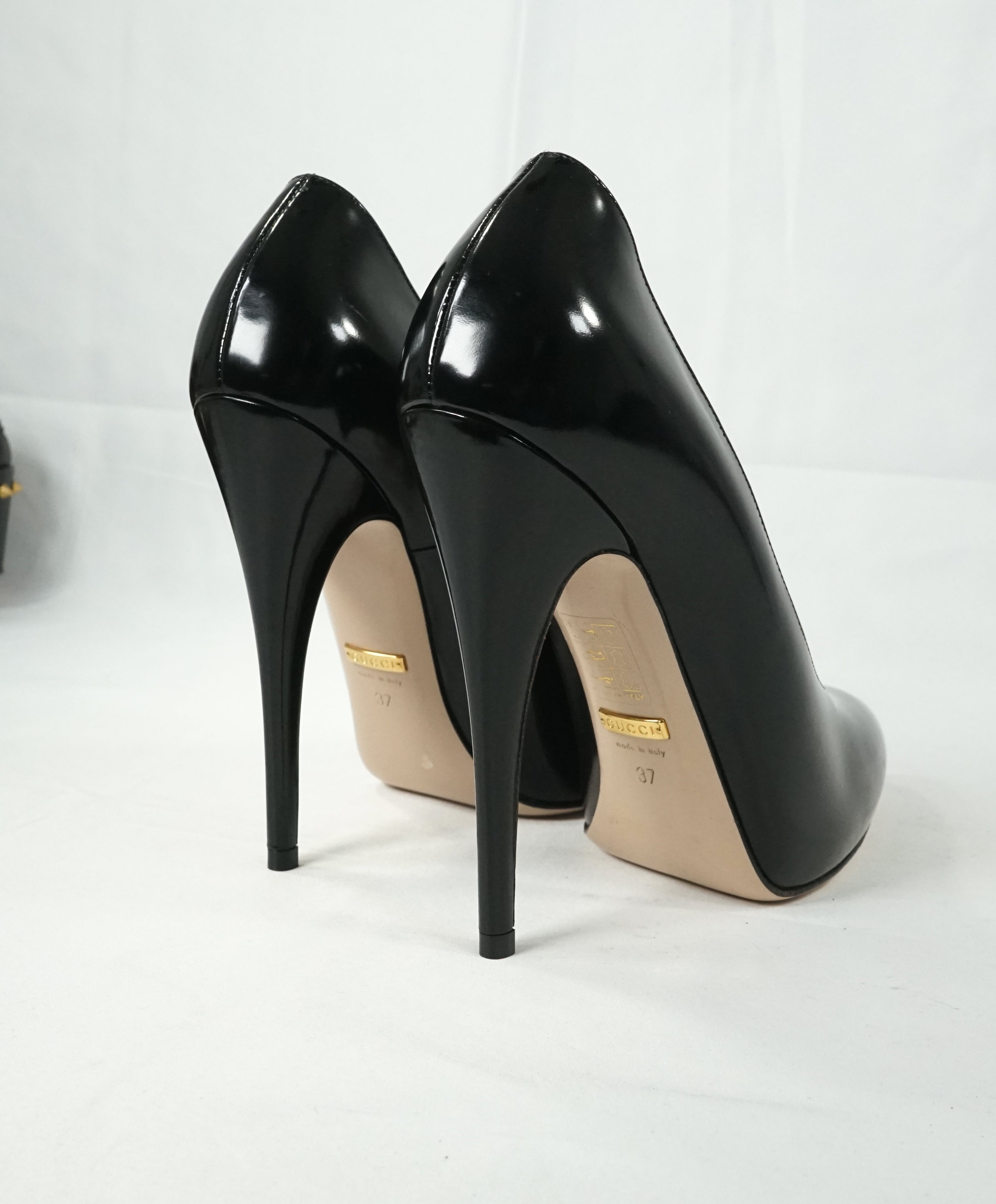 black patent round toe heels