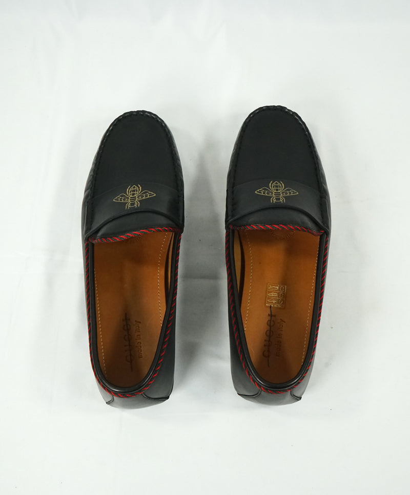 GUCCI - "Bee" Gold Logo Driving Loafers With Green & Red Detailing - 11 US